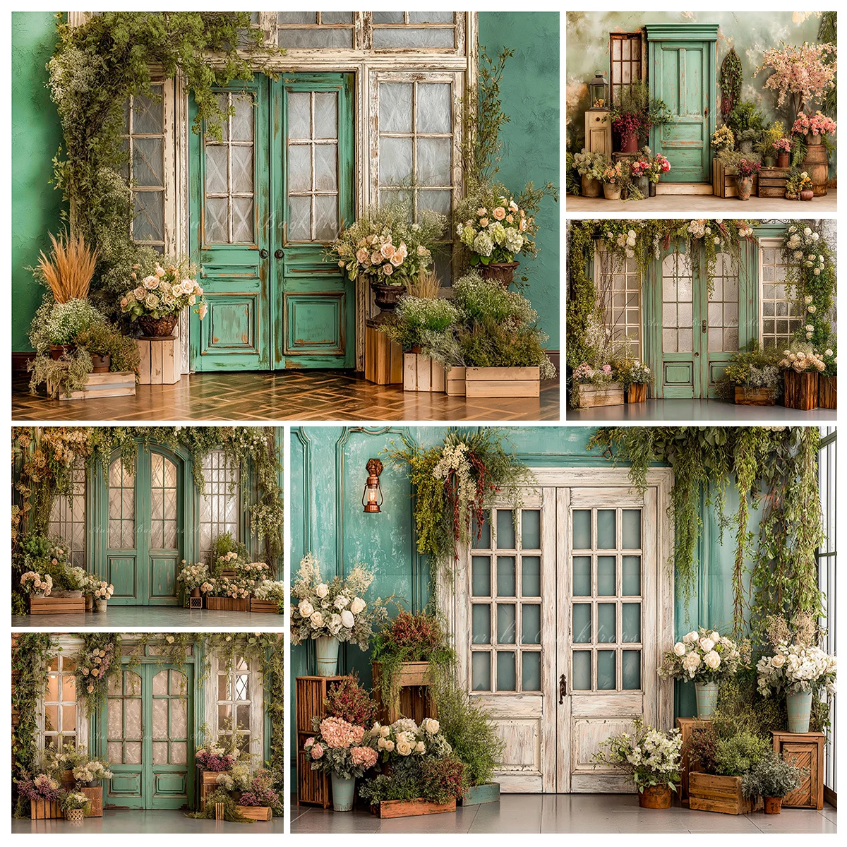 

Винтажные двери с зеленой стеной и цветочными коробками, фон для фотосъемки для детей и взрослых, детские фоны для фотосессии