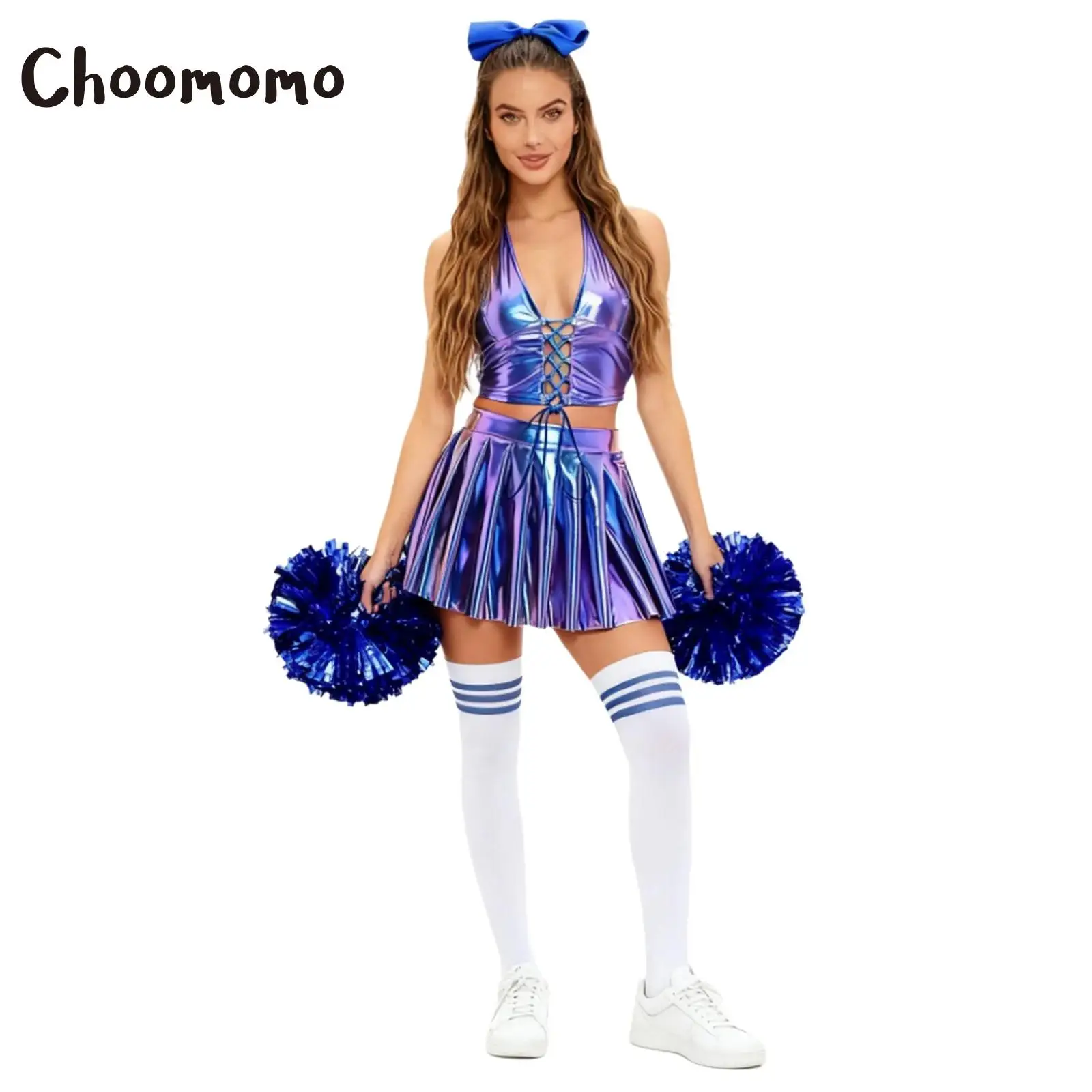 

Womens Cheerleading Costume Dance Uniform Outfits Halter Crop Top Pleated Miniskirt Bowknot Hair Loop Flower Balls and Stockings