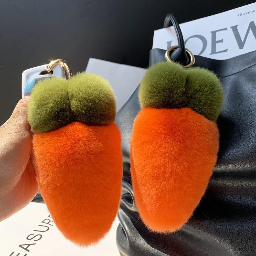 Fashion Cute Fruit Plush Carrot Key Ring Decoration Ornaments Rabbit Fur Keychain Bag Charm Kawaii Fluffy Ball Pendant Backpack