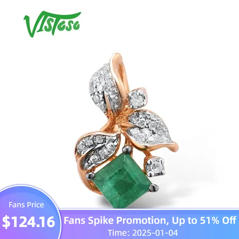 VISTOSO Gold Pendants For Women Authentic 14K 585 Rose Gold Leaves Magic Emerald Sparkling Diamond Pendant Elegant Fine Jewelry