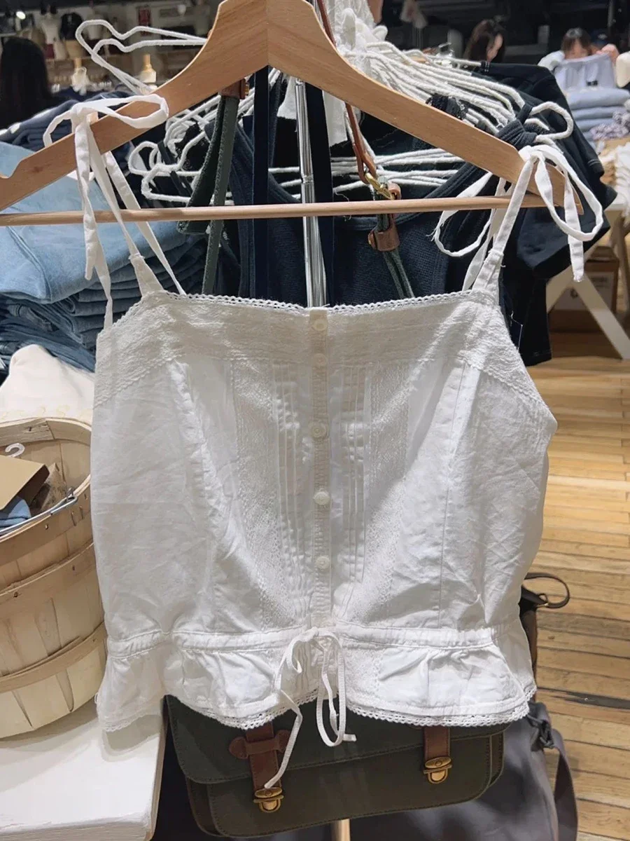 الدانتيل الرباط تنحنح اقتصاص كاميس المرأة الصيف واحدة الصدر القطن سليم تانك القمم Y2k خمر الشارع الشهير الحلو المحاصيل الأعلى جديد