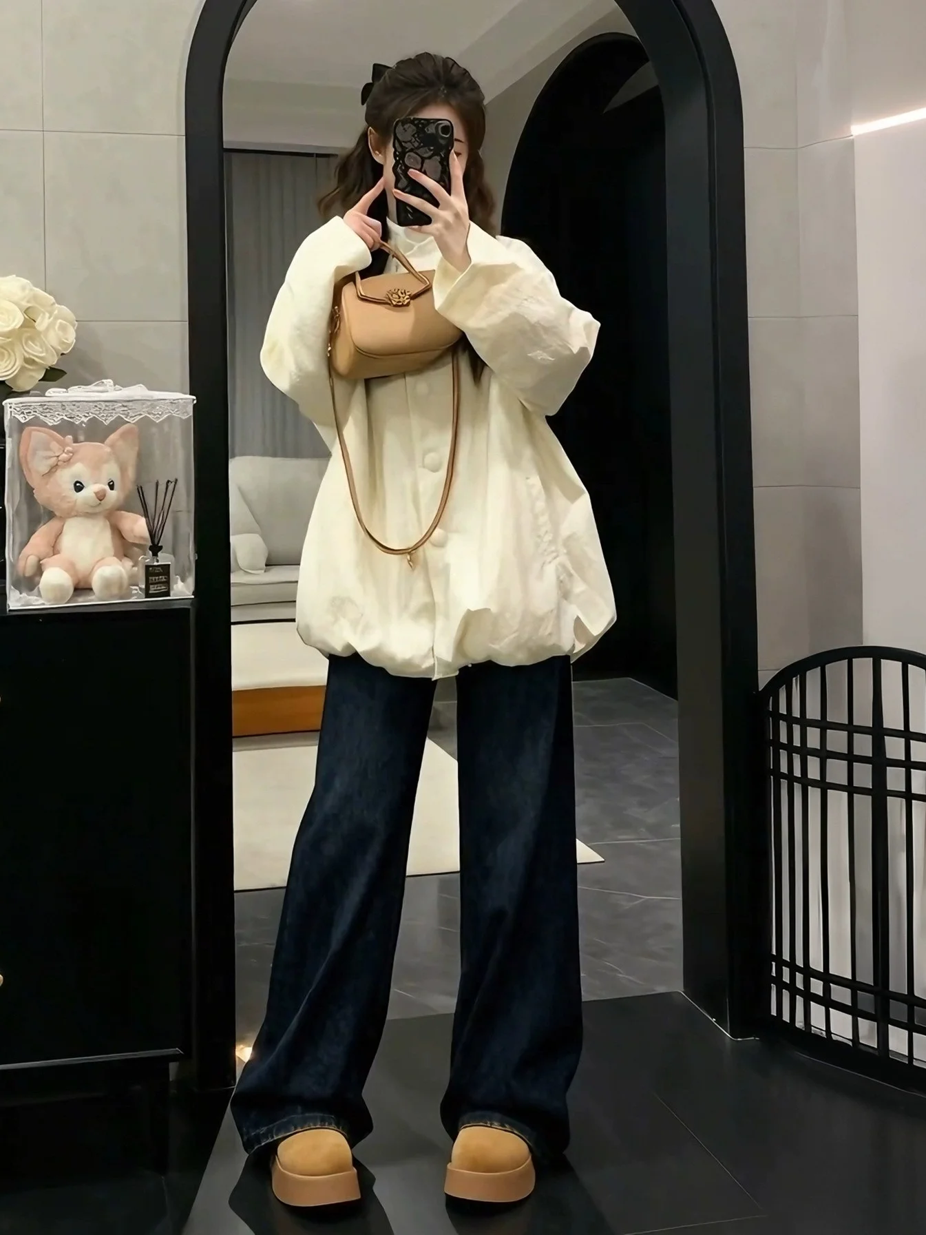 

Warm Cotton Jaet And Jeans Set plus Size Women Faionable Loose Fit Winter Outfit High Waist Trousers Button up Sle