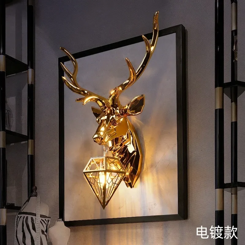 GHJUYIOL Zhaocai Deer Head Wall Lamp American Gold Plated Living Room TV Background Wall Deer Horn Lamp Bedroom Creative Interio image 4