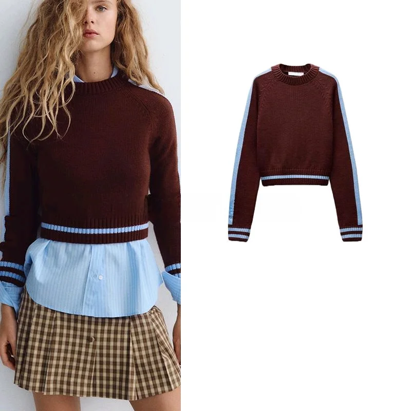 

Весенняя новинка: повседневный вязаный джемпер с длинным рукавом, круглым вырезом, в стиле колледж, с цветовыми блоками, женская мода