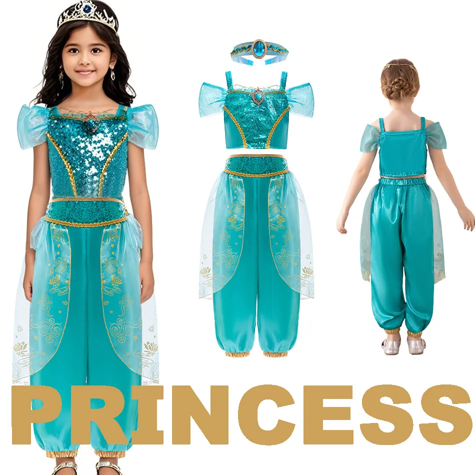 

Комплект из двух предметов для девочек Жасмин, ролевой костюм принцессы Жасмин на Хэллоуин + реквизит с волшебной лампой, сценический костюм