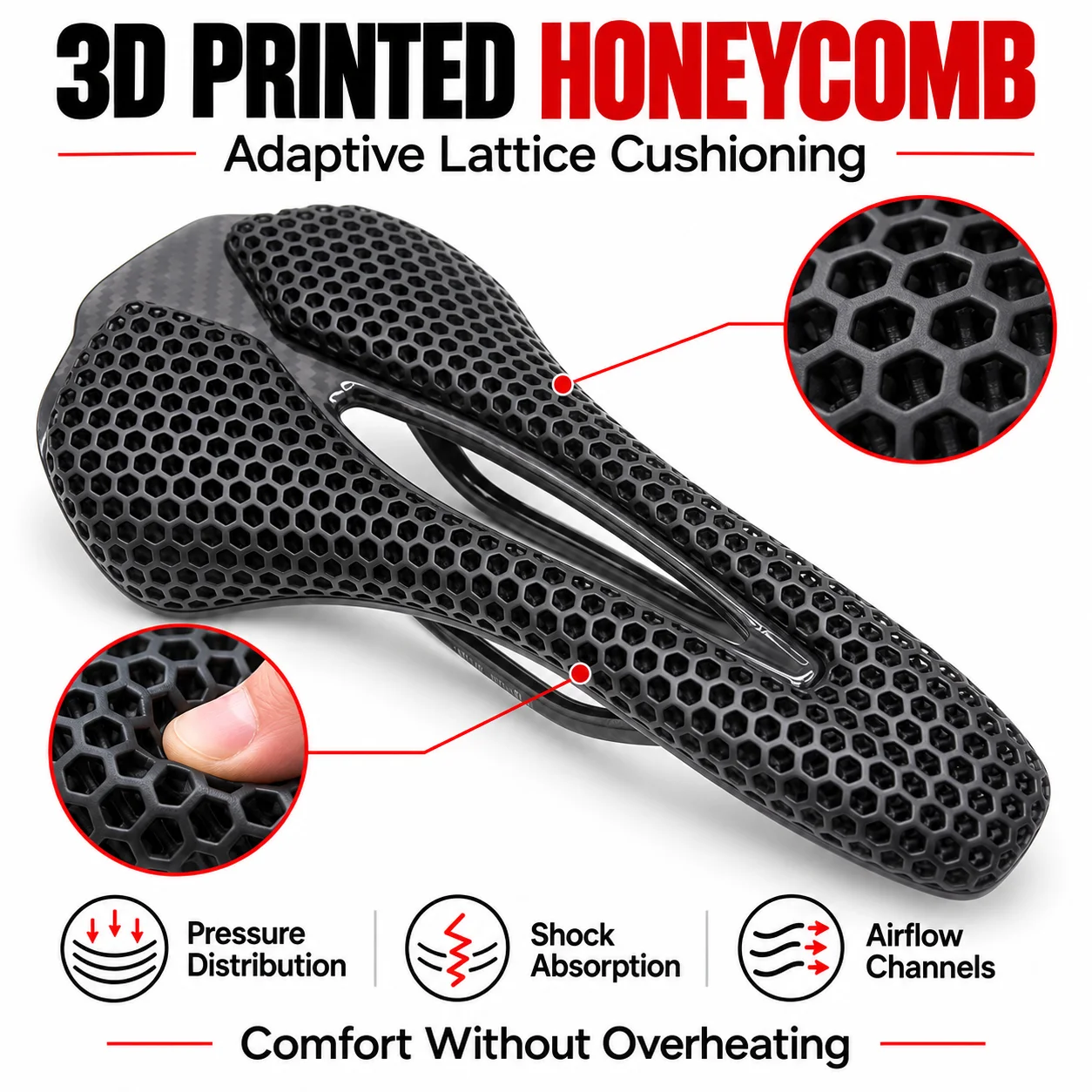Carbon Saddle 3D Printed Honeycomb - مقعد دراجة من ألياف الكربون، مطبوع