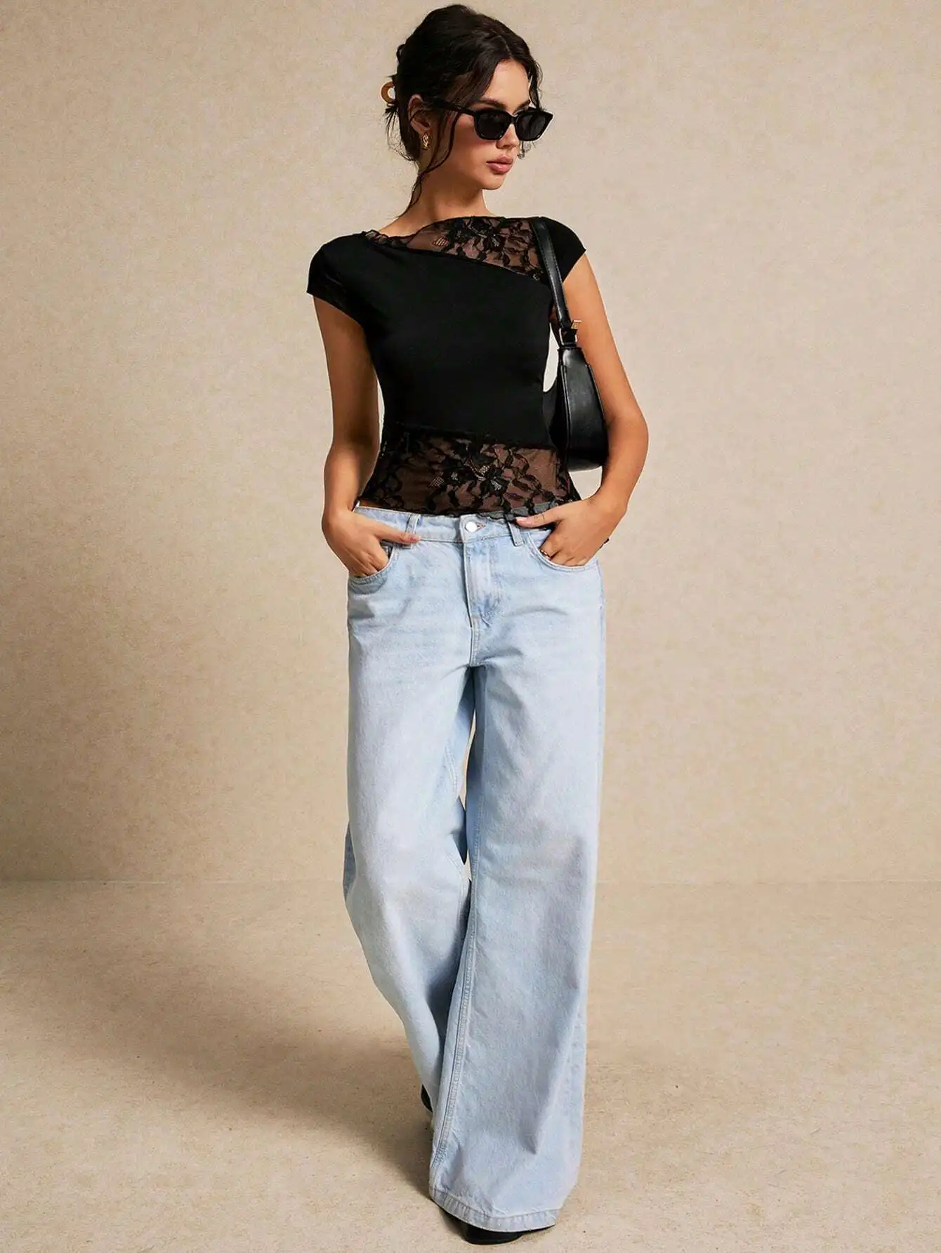 

Женская черная асимметричная кружевная футболка с коротким рукавом, приталенный крой с развевающимся краем, летний модный топ