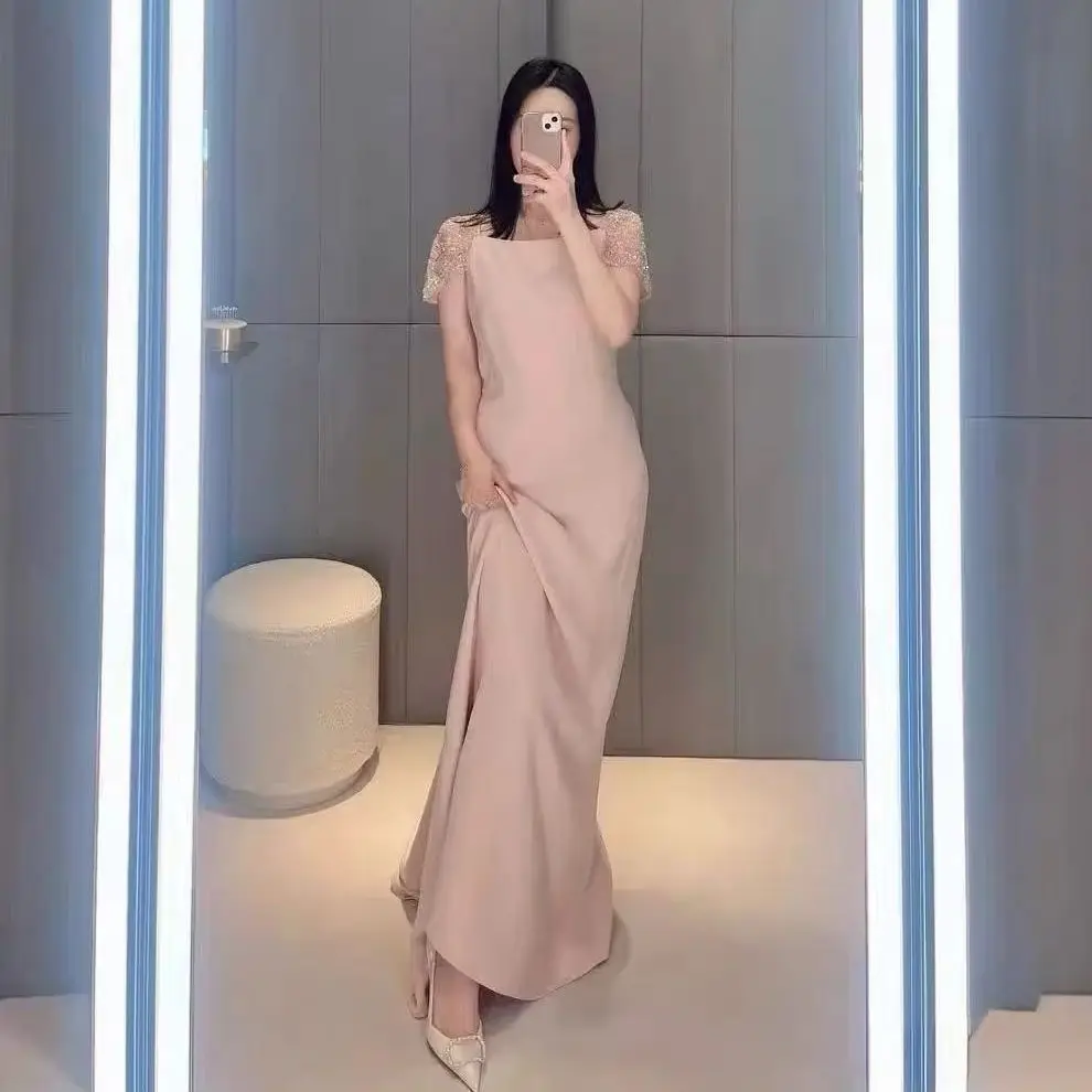 Luxury Blush Pink 100% Silk Dress For Women Off Shoulder Mesh Splice Beaded Embroidery Elegant Mermaid Long Evening Party Gown