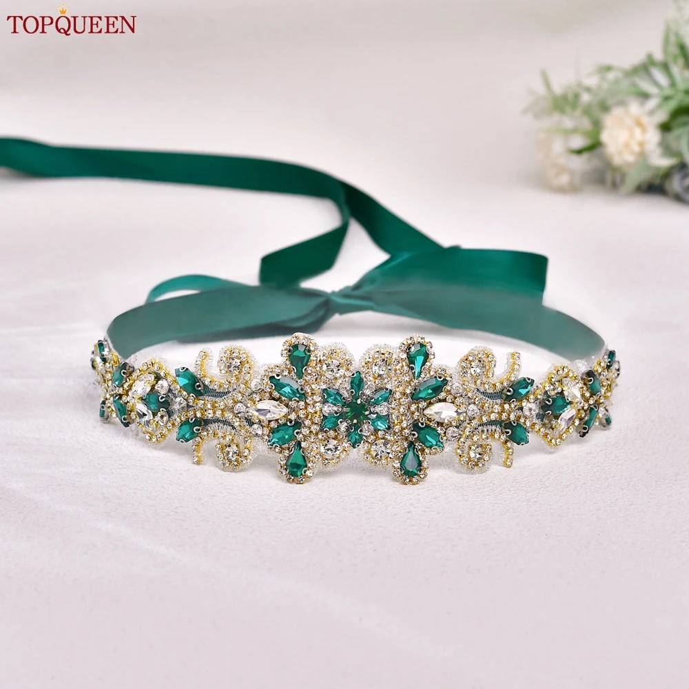 TOPQUEEN Bridal Wedding Dress Belt Gold Handmade Luxury Sash Accessories Women Daily Evening Party Gown Green Rhinestone S12-KL