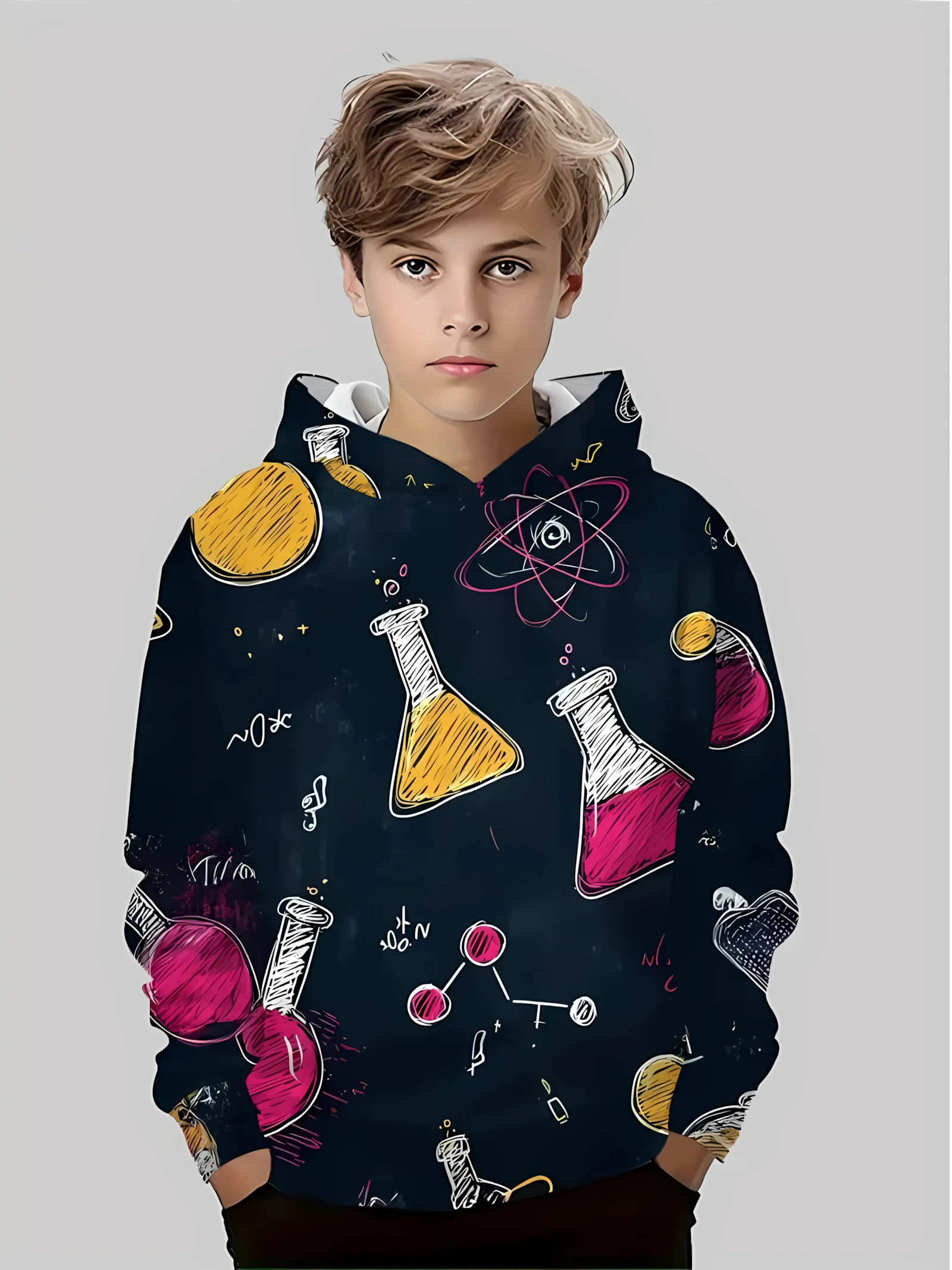 سترة بقلنسوة جديدة مريحة للأطفال لخريف 2025 مع طباعة الكون الكيميائي ثلاثي الأبعاد وبلوزة كاجوال عصرية