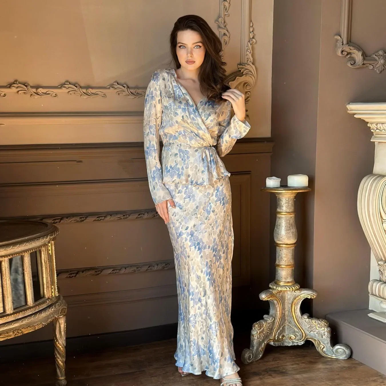 Fashion Loose Print 2 Piece Sets Women Outfit 2024 Elegant Long Sleeve Lace-Up Shirt with High Waist Long Skirts Set