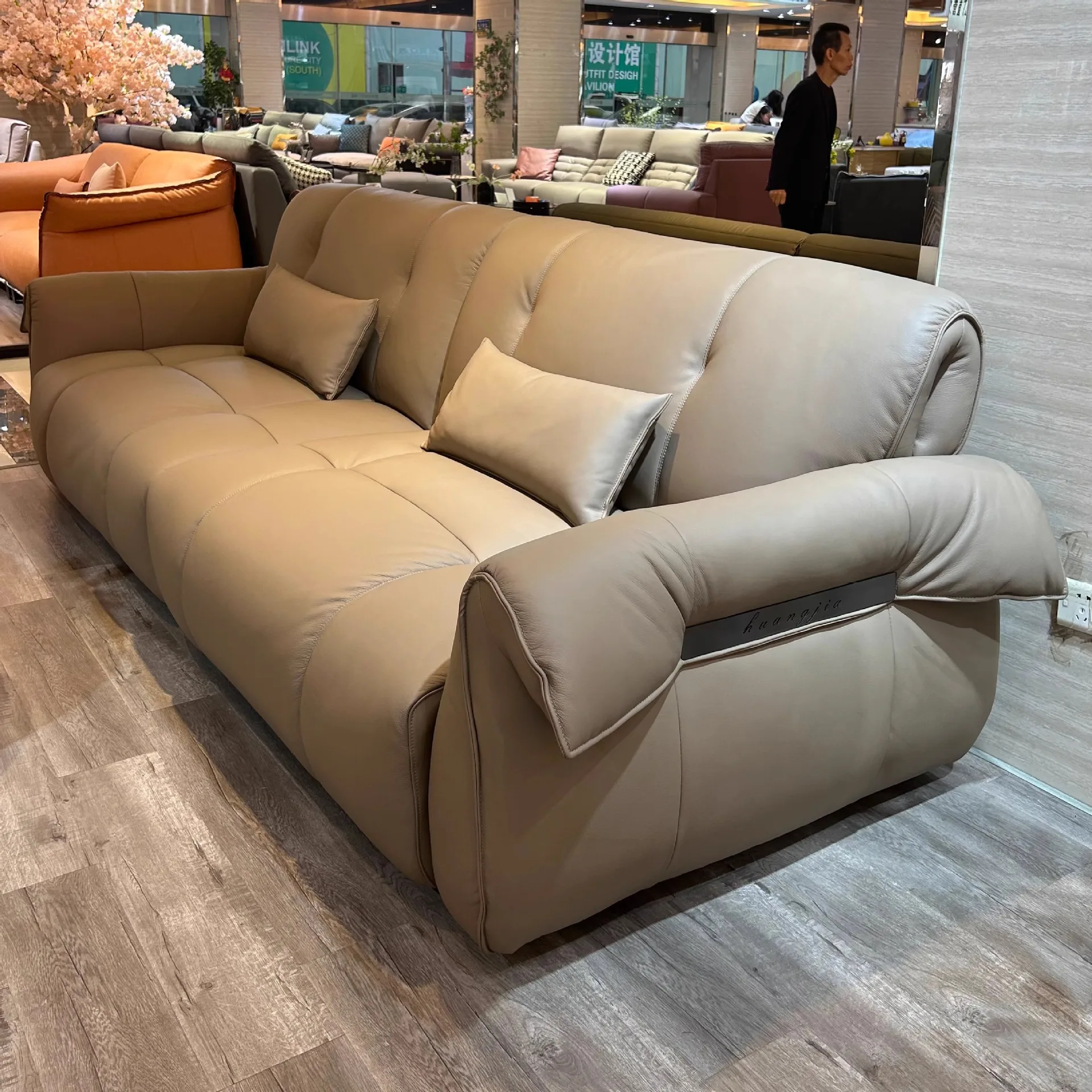 Cream style  leather sofa designer Italian minimalist elephant ears living room top layer cowhide in-line three in-line