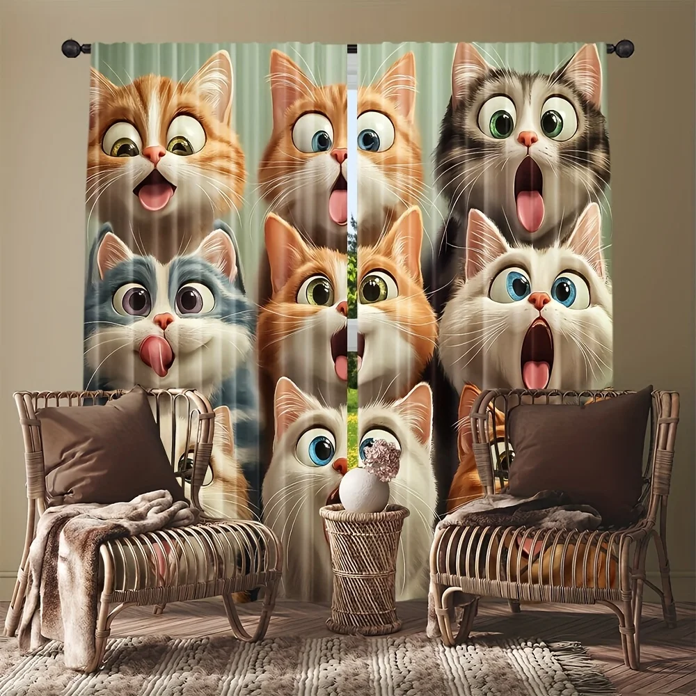 Elegant cat-print curtains, pole-mounted installation. Suitable for living rooms, bedrooms, dining rooms and hotels.