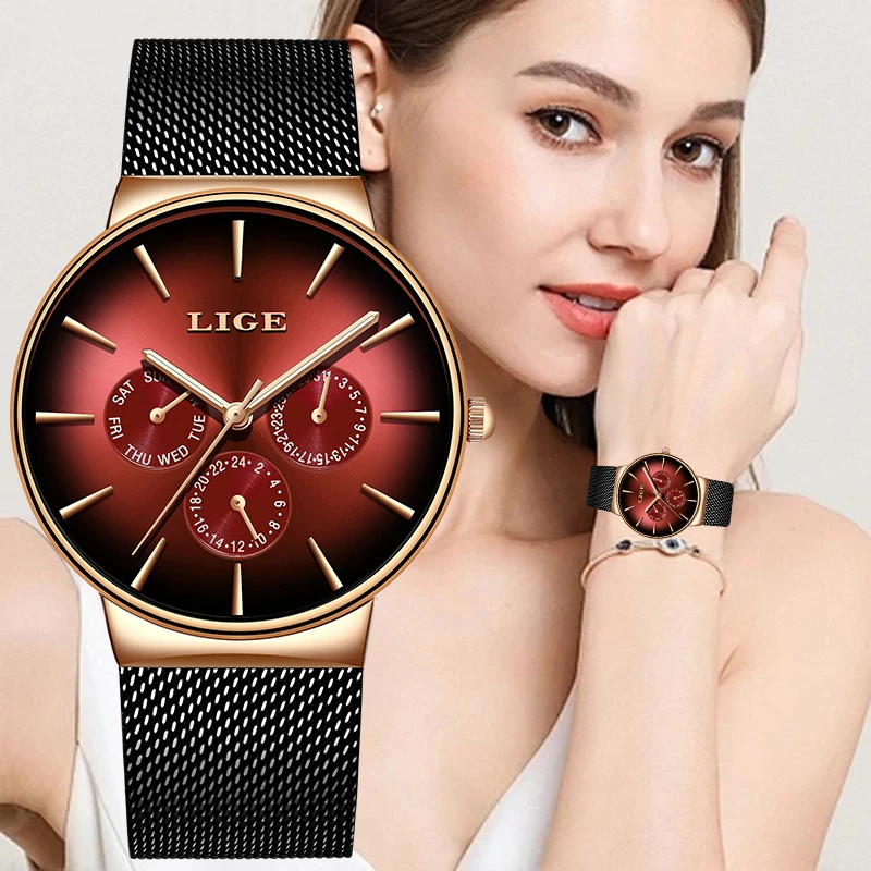 

LIGE уникальный циферблат креативные кварцевые женские часы модные роскошные элегантные повседневные сетчатые часы дата неделя водонепроницаемые часы для женщин + коробка