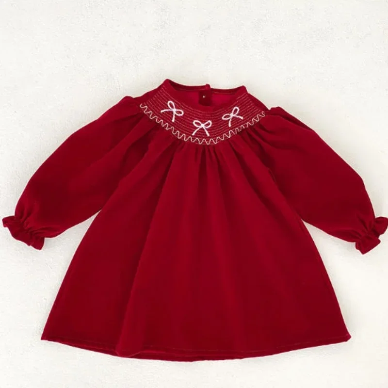 

New Korean Style Girls Dress Red Bow Print A Line Princess Dress Long Sleeve Kids Autumn Casual Festive Dress