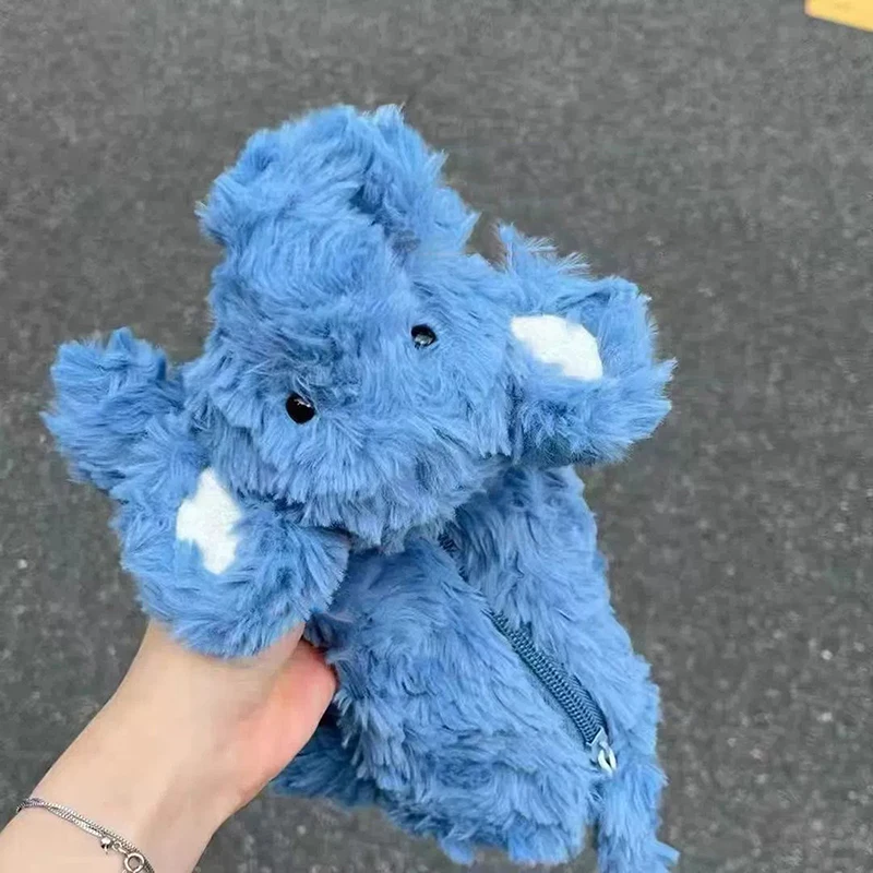 مقلمة على شكل فيل كرتوني أزرق لطيف - حقيبة أقلام قطيفة ذات سعة كبيرة، وحقيبة مكياج للسفر وهدية تخزين القرطاسية