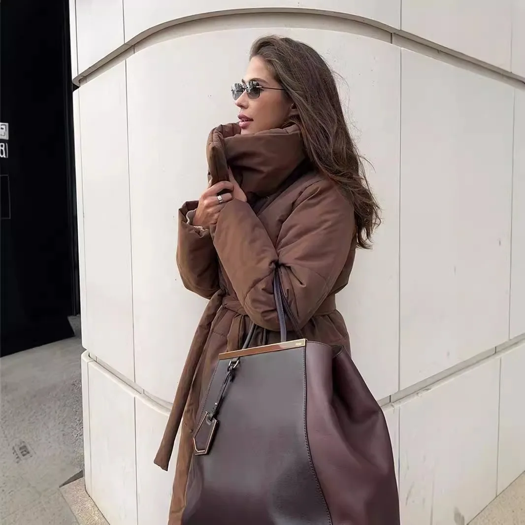 Loose Fit Casual Belt Coat with Long Length Streetwear Single Row Multi Button Closure Winter Long Sleeve Stand Collar for Women