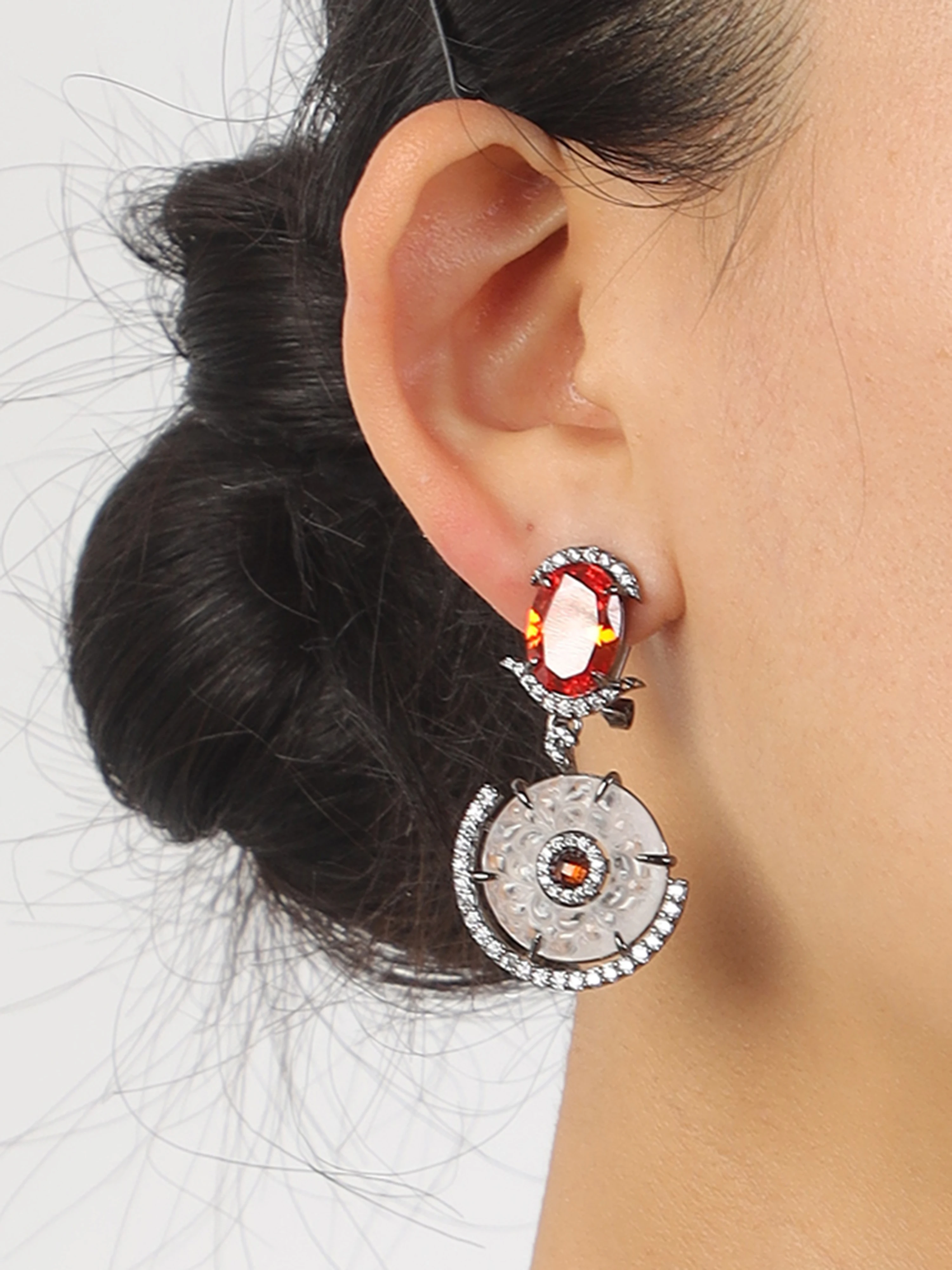 Orange Red Crystal Dangle Drop Earrings White Carved Disc Black Gunmetal Halo CZ Statement Earrings Women Party Jewelry