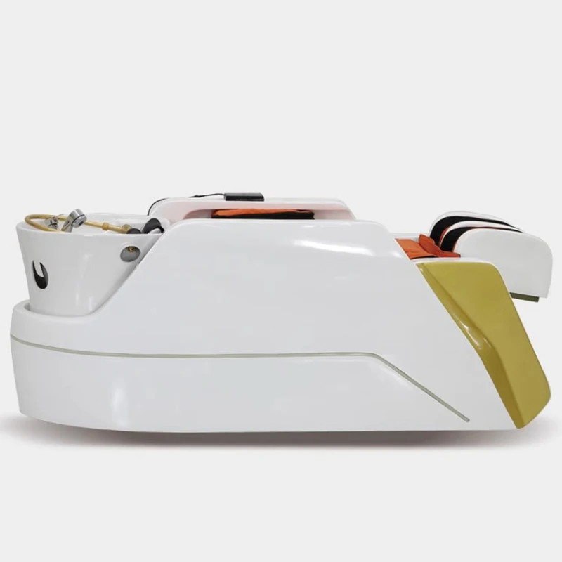 

qk-Modern Luxury Barbershop Furniture Lay Down Massage Shampoo White Ceramic Basin Electric Head Spa Washing Bed with Airbag@
