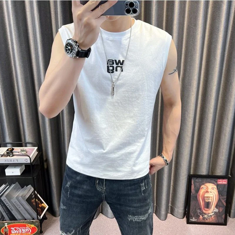 Fashion O-Neck Printed Letter Casual Tank Top T-Shirts Men\'s Clothing 2024 Summer New Loose Korean Sleeveless Tops All-match Tee