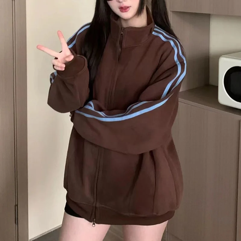

2024 Autumn Winter New Sweatshirts Coat Loose Cardigan Stand Collar Women Clotheing Casual Korean Zipper Striped All-match Tops