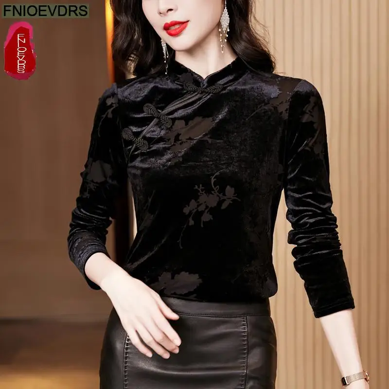 S-2XL Women Winter Spring Basic Shirt Wear Elegant Office Lady Stand Ruffles Retro Vintage Black Tops And Blouses