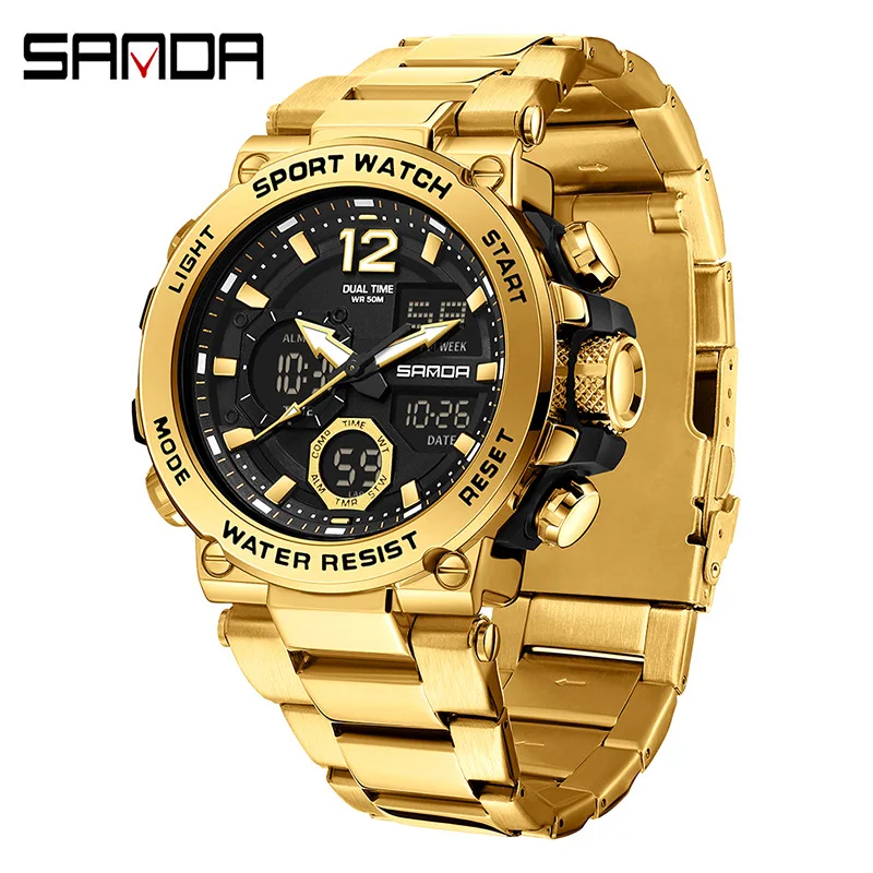 

Fashion Sanda Top Brand 6175 Electronic Cool Waterproof Alarm Clock Multi Functional Full Stainless Steel Band Men's Trend Watch