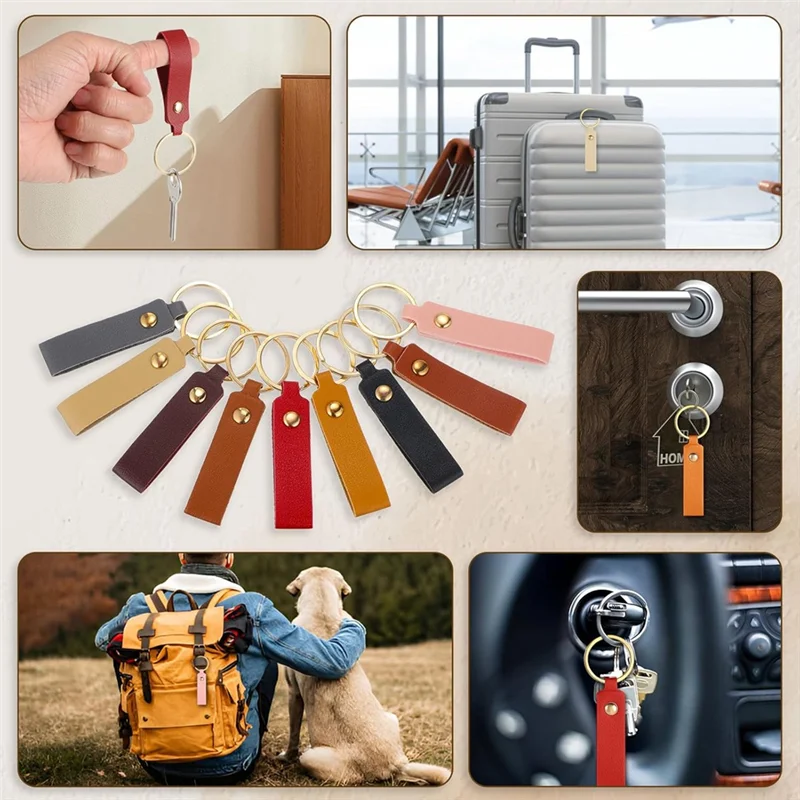 Kit de porte-clés en cuir PU ABKS-100Pcs, vierges de porte-clés en cuir avec rivets dorés et anneaux métalliques, Kit de fabrication de porte-clés multicolore