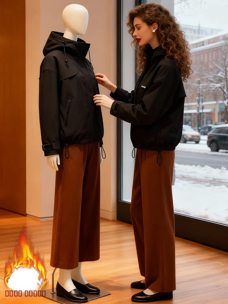 Damska kurtka zimowa z bawełny, ocieplana, z kapturem, casualowa odzież robocza, luźny krój, kurtka typu bunting.