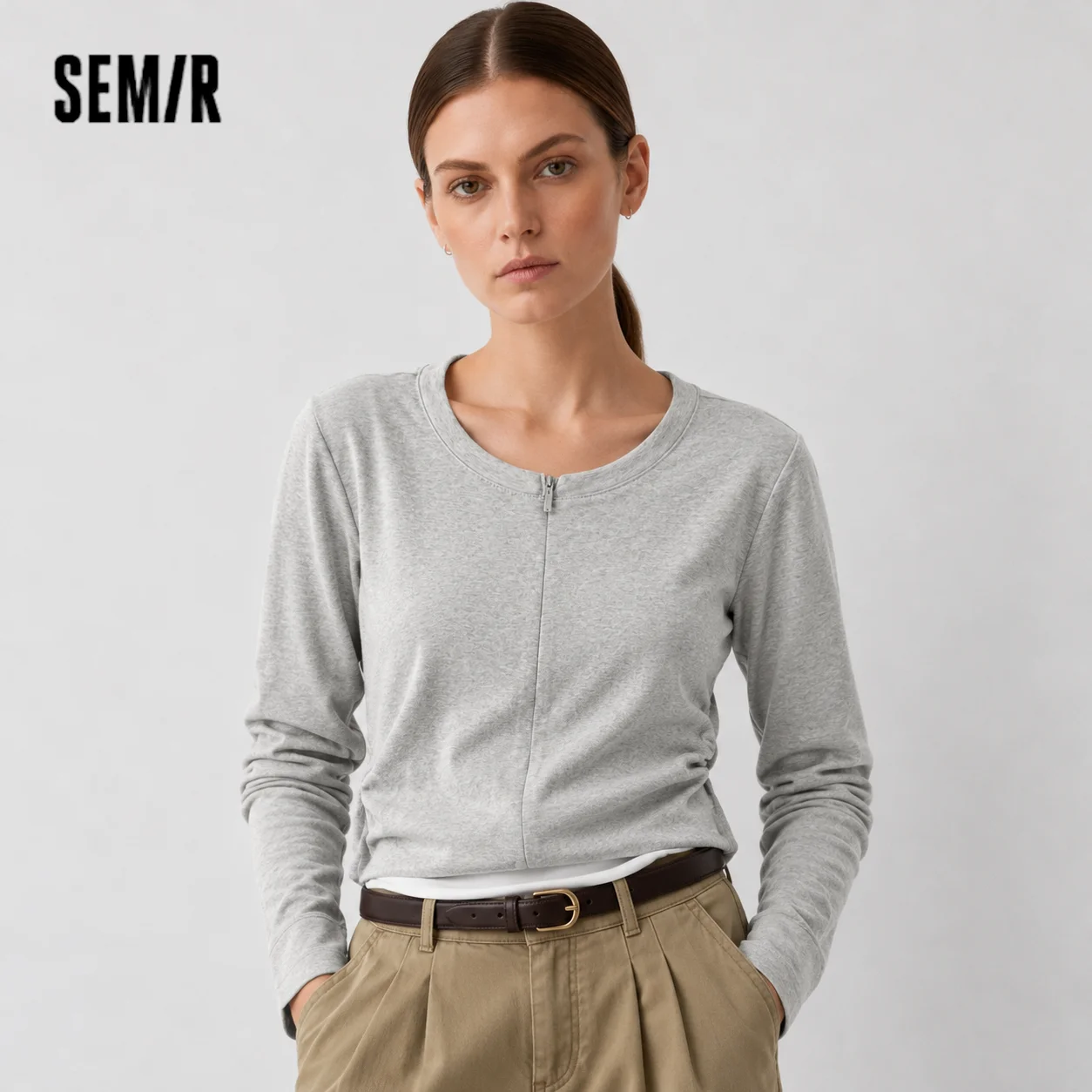 Semir Women T Shirt Cool Touch Slim Fit Mock Two Piece Long Sleeve Henley Cropped Casual Style Lightweight Fashion Tee Everyday