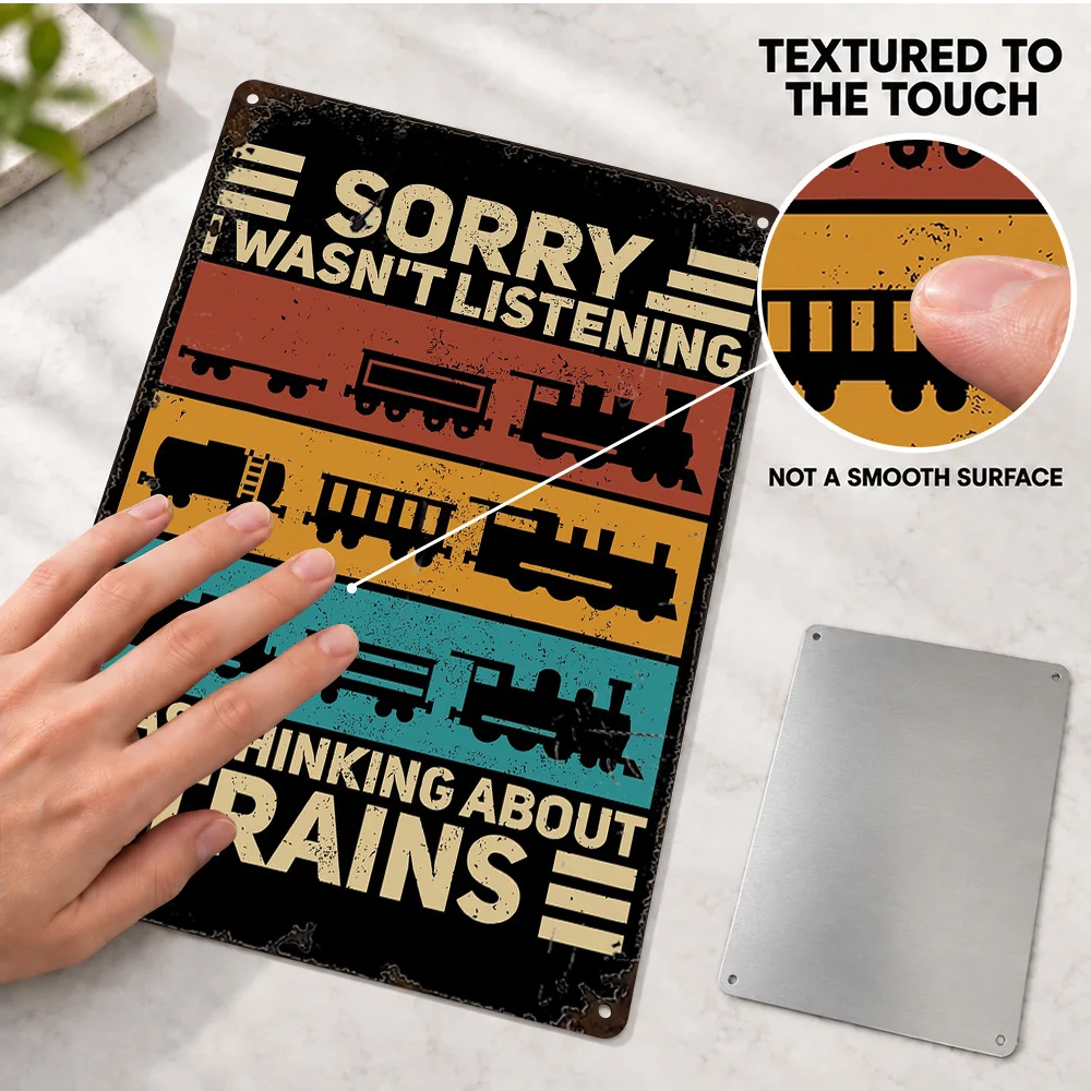 Thinking About Trains Funny Quote Textured Metal Poster Retro Bold Design Bedroom Wall Art Personalized Aluminum Sign Fan Gift