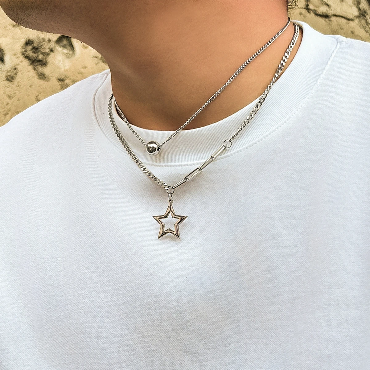 Salircon Titanium Steel Casual Star Pendant Necklace Men\'s Trend Double-layer Link Chain Short Necklace Punk Hip-hop Jewelry