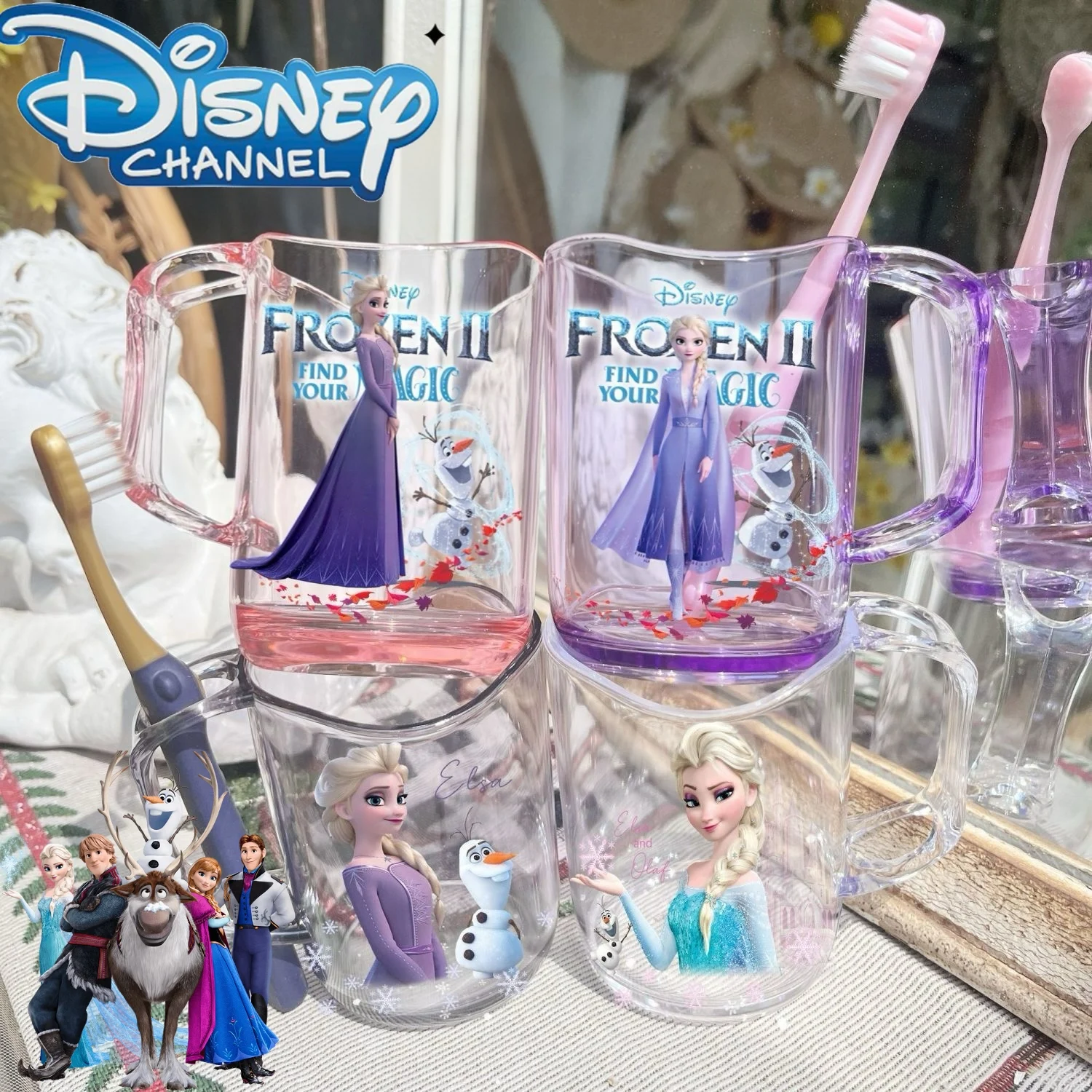 Anime Cute Disney Elsa Toothbrush CupKawaii Frozen Elsa Cartoon Mouth Washing Cup Kindergarten Anti-fall Water Cup Surprise Gift