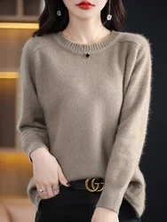 Women' Thicken 100% Mink Cashmere Sweater O-Neck Large Size Knitted Pullover Long Sleeve Split Blouse Autumn New Jacquard Jacket