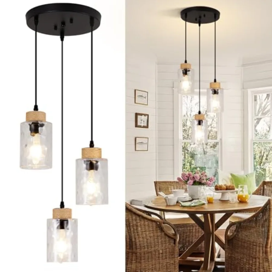

3-Light Pendant Light Fixtures, Black Pendant Lights Kitchen Island, Adjustable Pendant Lighting with Clear Hammered Glass Shad