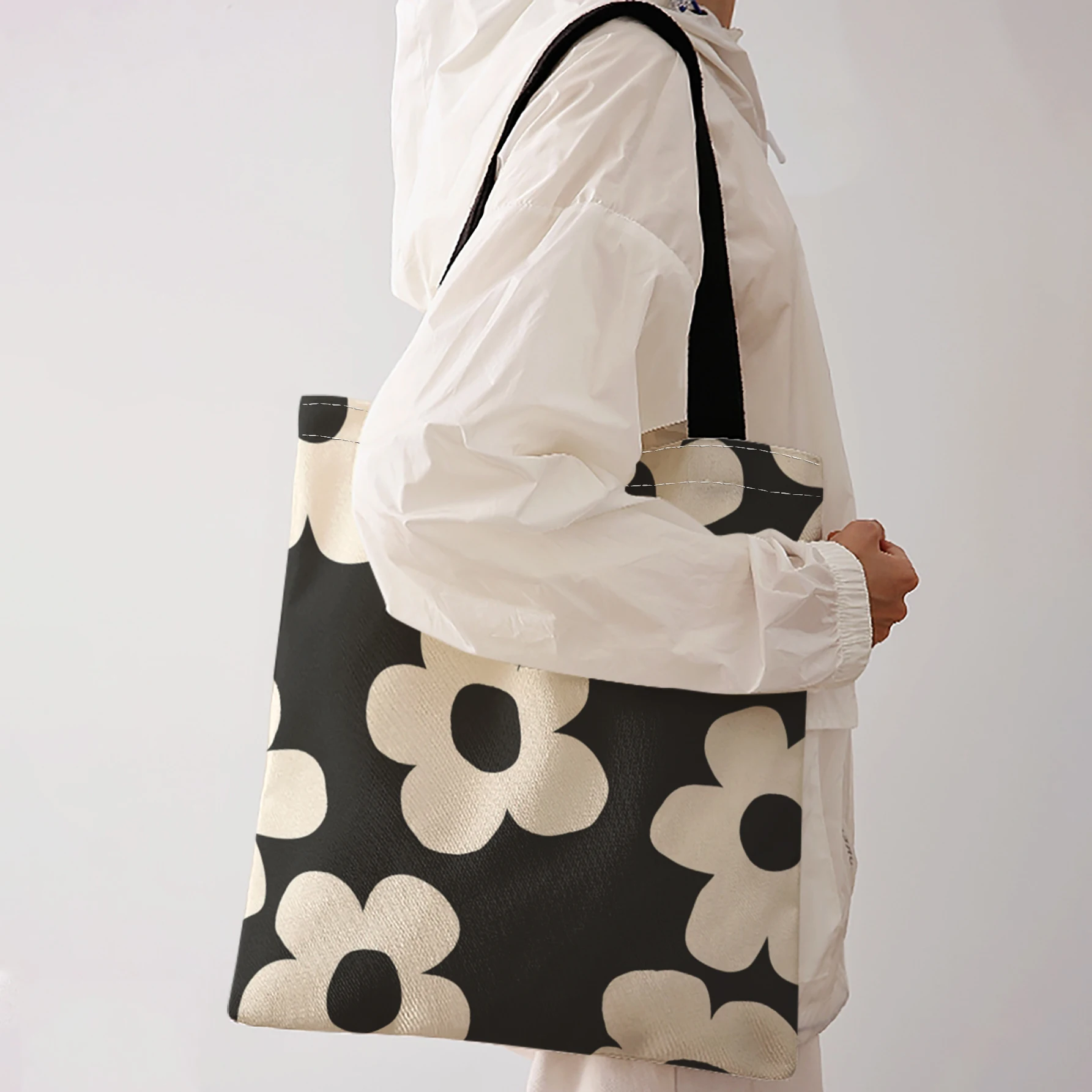 Black Background Beige Simple Flower Print Tote Bag Large Capacity Shoulder Bag For Shopping Travel Daily Use