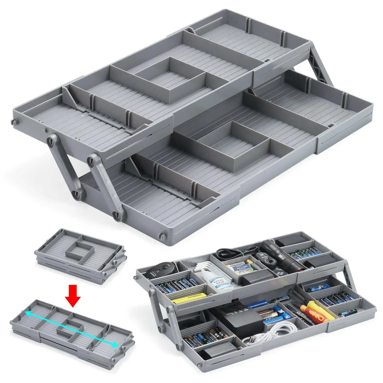 2/3 Tier Drawer Organizer Collapsible Expandable Desk Organizer Trays Multi Level Gray Desktop Storage Rack for Office Supplies