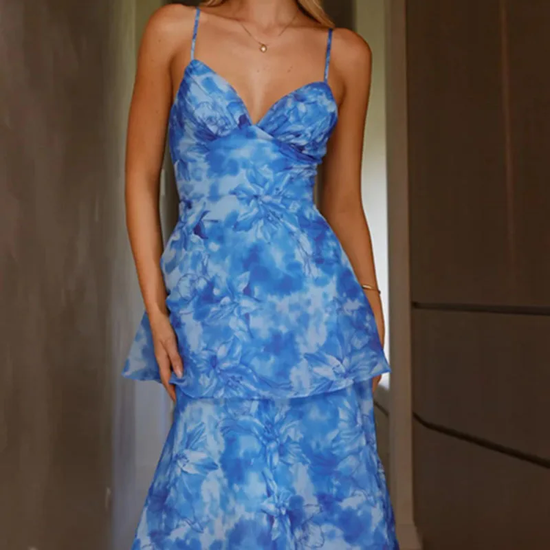 Chic Floral Print Ruffle Chiffon Long Dresses Woman Sexy V Neck High Waist Cake Party Dress Summer Backless Zip Sling Boho Dress