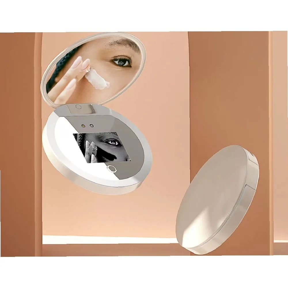 HTMCK LED UV Visual Makeup Mirror, Portable Sunscreen Detector, Multifunctional Compact Travel Size Cosmetic Mirror