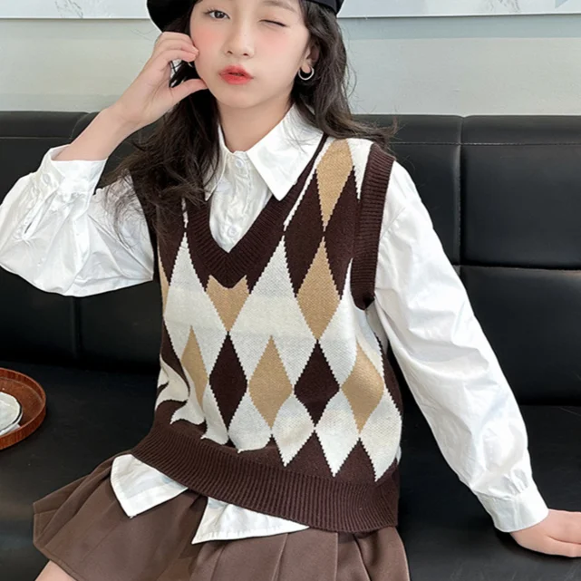 Girls Two-piece Set 2024 Autumn New Childrens Wear Girls Baby Japanese Preppy Style Shirt Knit Vest Set Casual Simple Daily image 6
