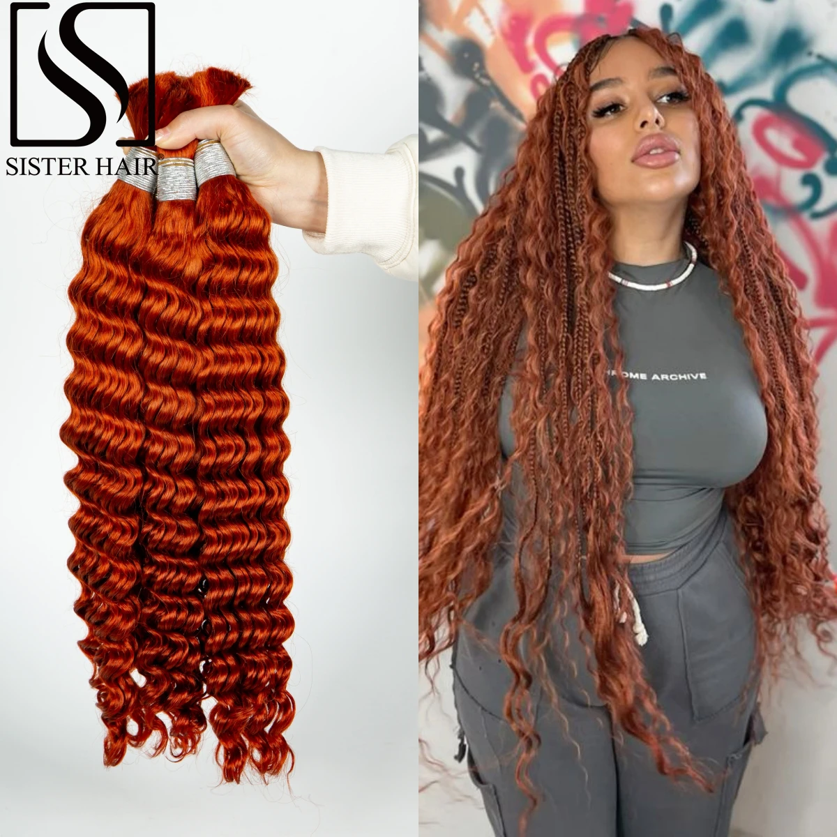 

28 Inch 100% Human Hair Deep Wave Bulk for Black Woman Ginger Orange No Weft Brazilian Virgin Hair Bundle Boho Braids Extensions