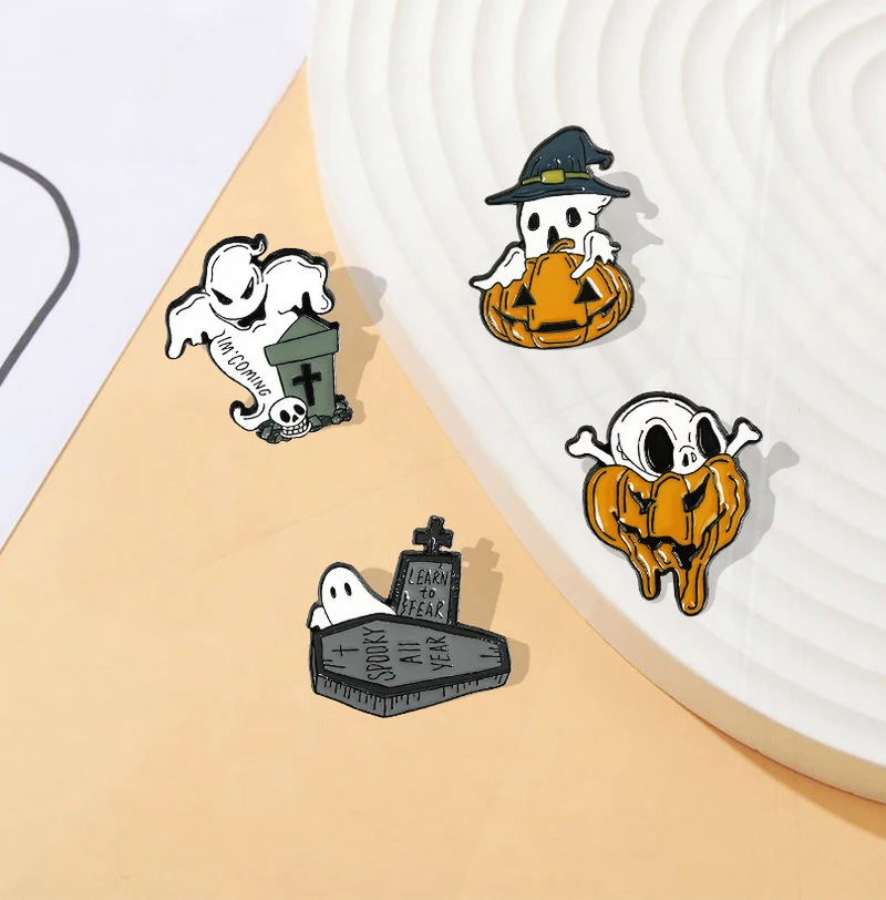 Tas Pin peti mati Pin kerah Gothic lencana Boo perhiasan hadiah untuk Teman Halloween Enamel Pin kerangka tengkorak labu hantu kuburan