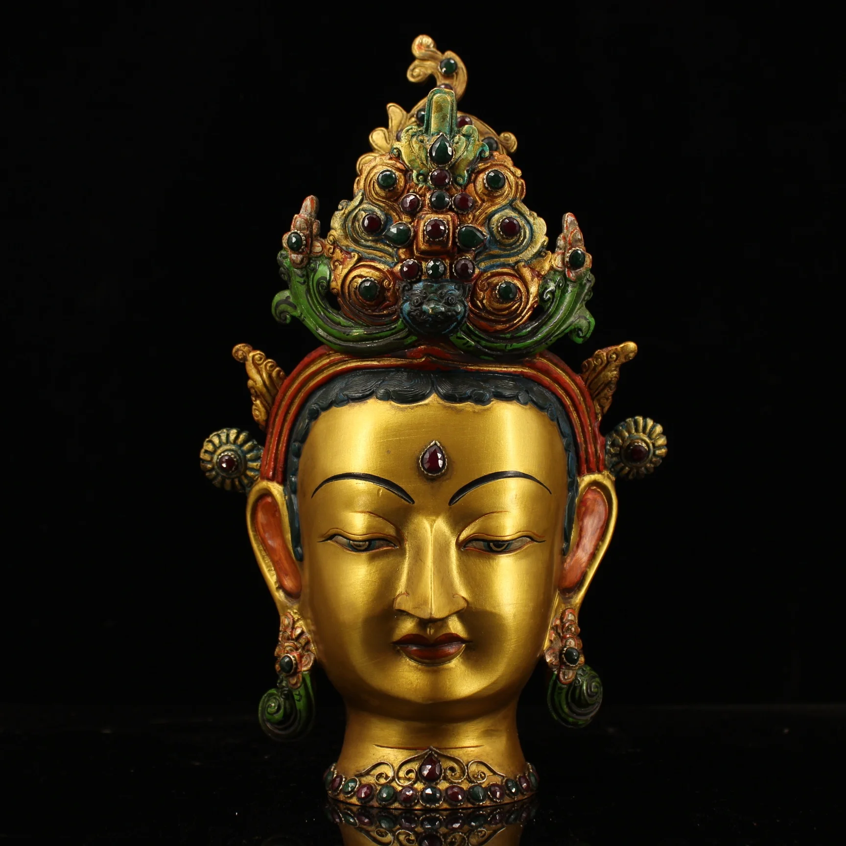 

13"Tibetan Temple Collection Old Bronze Outline in gold Painted Mosaic Gem Phoenix Crown Green Tara Buddha Head Worship Hall