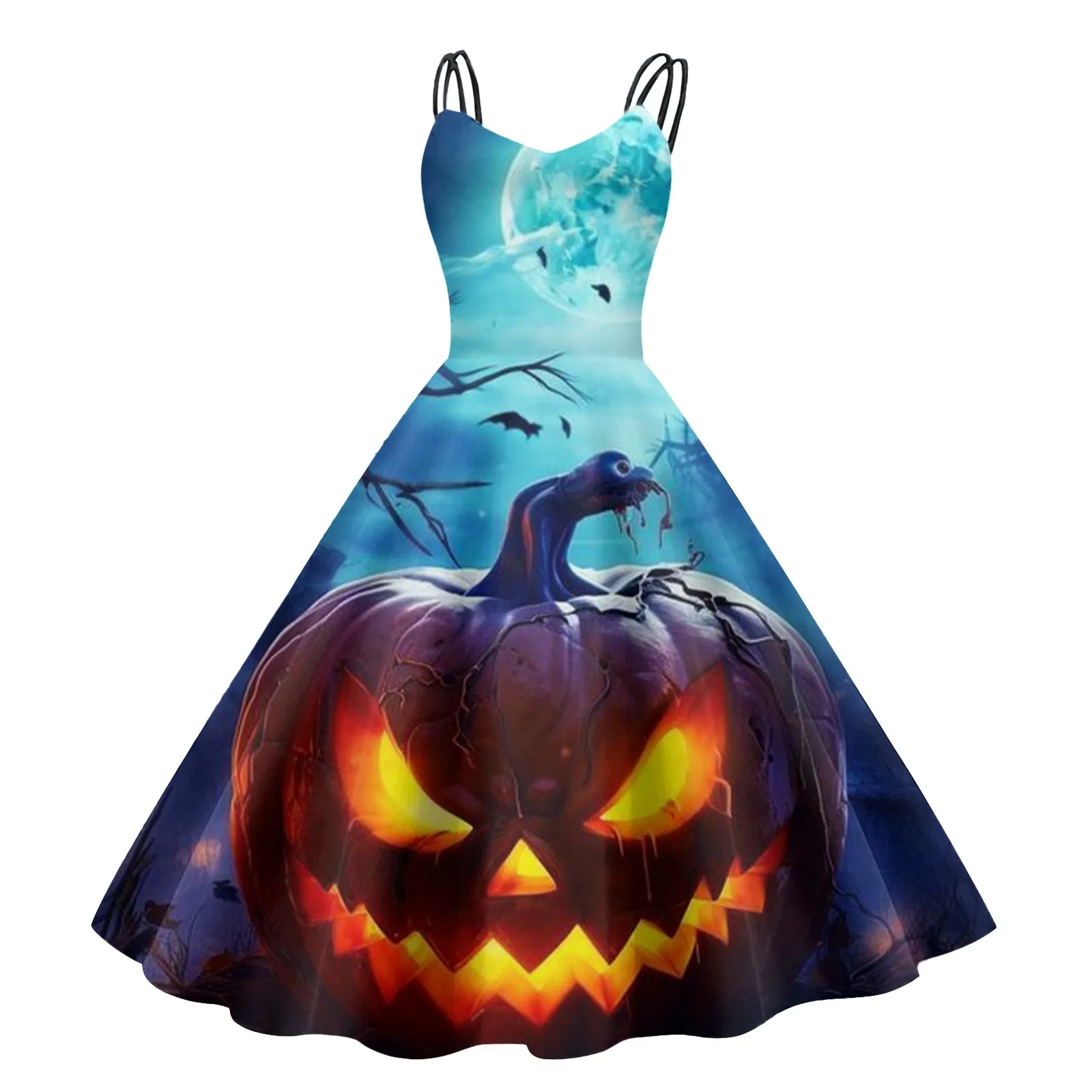 

vintage a line dress Women Halloween Fashion Dark Style pumpkin Print Sexy Camisole Dress Women Casual sleeveless party dresses