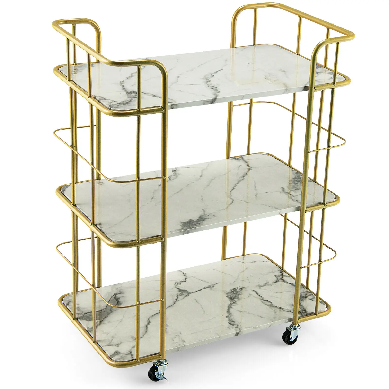 

3-Tier Kitchen Storage Utility Cart Gold Rolling Bar Serving w/Lockable Casters