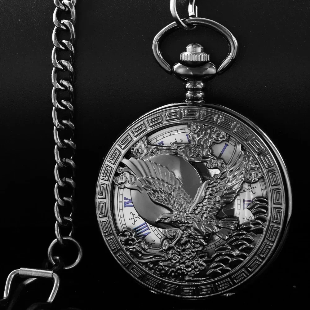 NEW Hollow Black Flying Eagle Mechanical Hand Winding Pocket Clock for Male Antique Stylish Timepiece Watch Gift