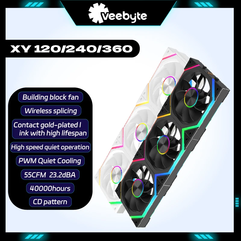 VEEBYTE XY 360 ARGB PWM 4PIN Wireless Splicing Building 120mm PC Fan Quiet Cooler Large Air Volume Computer chassis Fan