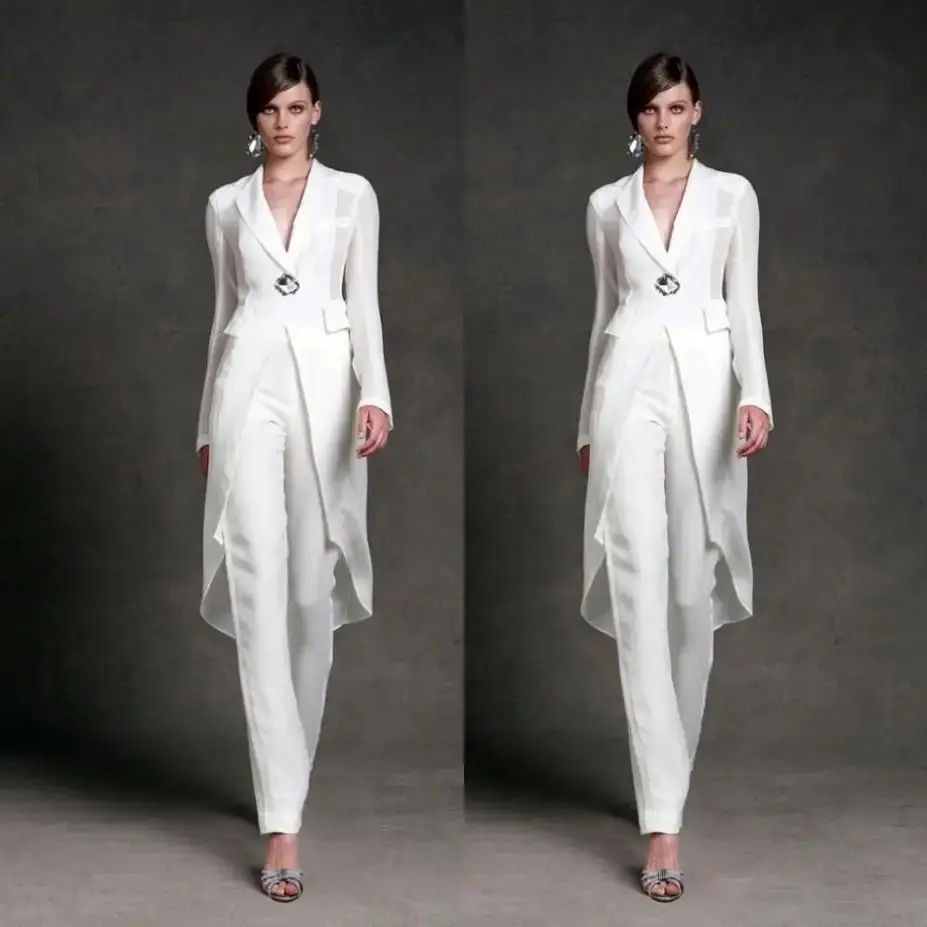 

Modest Chiffon Mother of the Bride Dresses Pants Suits V-Neck Long Sleeves Evening Gowns Mother of the Bride Suits