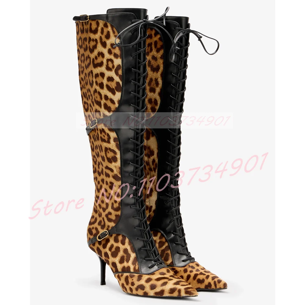 Leopard Patchwork Lace Up Knee High Boots Women Pointed Toe Buckle Tied Stone Pattern Long Boots Zipper High Heels Boots