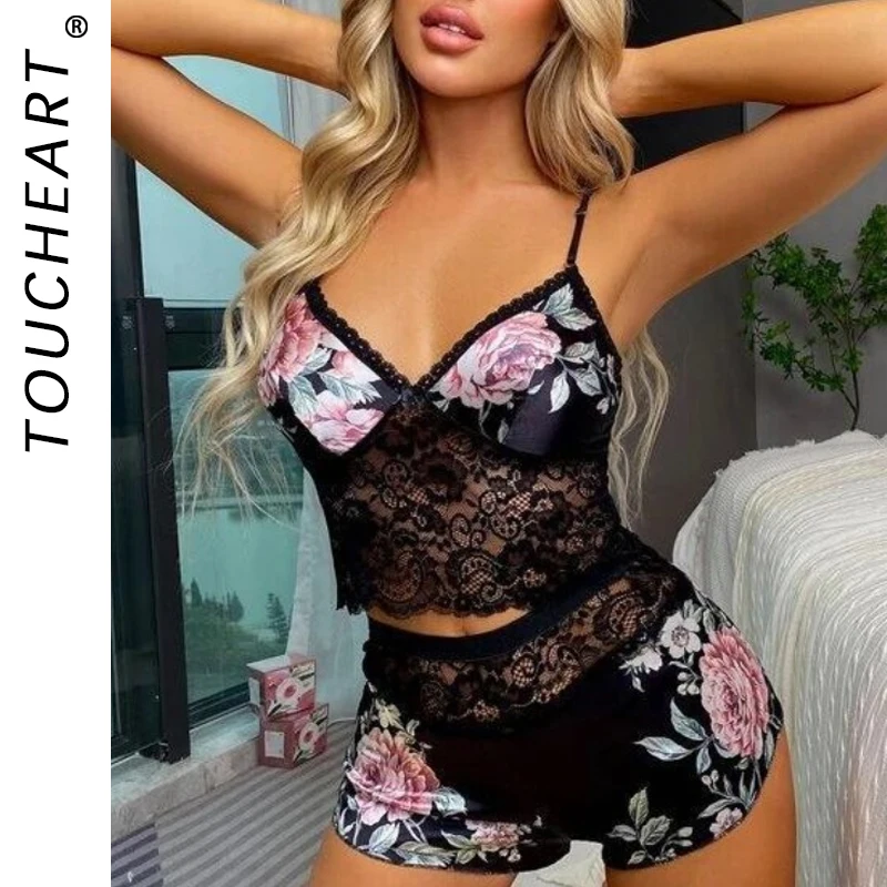 

Toucheart сексуальный комплект нижнего белья с принтом для женщин, кружевной лоскутный сексуальный сетчатый прозрачный пижамный комплект с разрезом на бретельках, сексуальный пижамный комплект с глубоким вырезом, новый